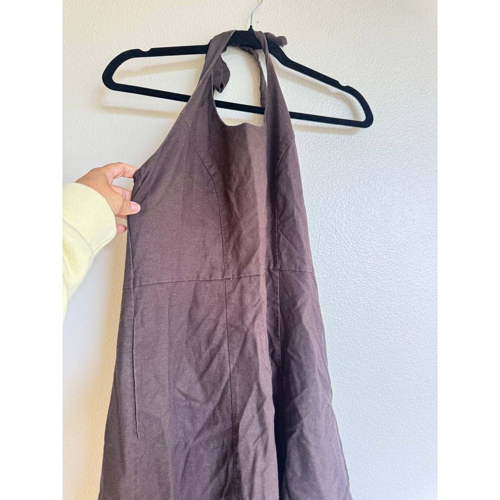 Vintage Chocolate Brown Halter Dress 8 Y2K Cotton Linen Euro Summer Boho Coastal - Picture 3 of 5